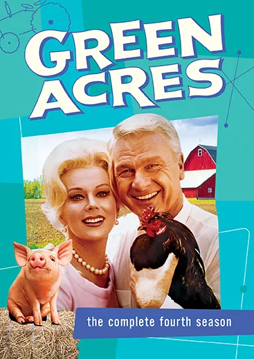 Main Cover of Green Acres Season Four Shout Factory Collection with 2 characters holding a chicken and pig on the corner