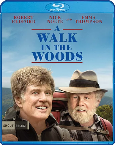 A Walk In The Woods Blu-Ray Shout Factory Shout Select Collection with two gentle in hiking clothes with mountain behind them